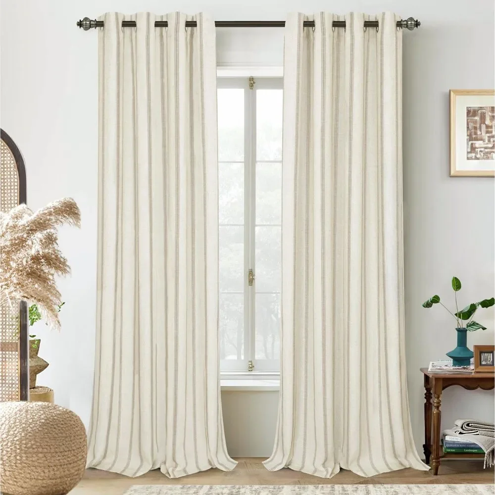 Set of 2 Panels, W52 x L36, Farmhouse Linen Curtains (Camel Beige Striped)